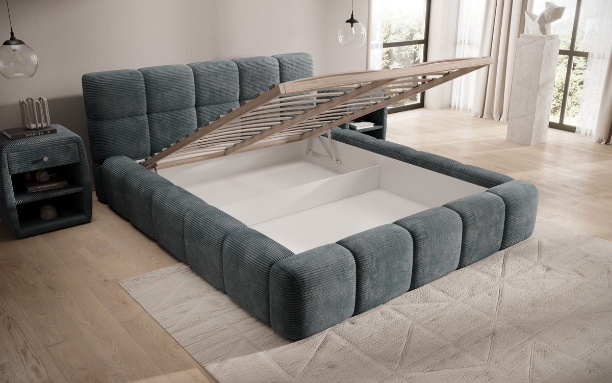 Designer Polsterbett Nox in Cord mit Stauraum