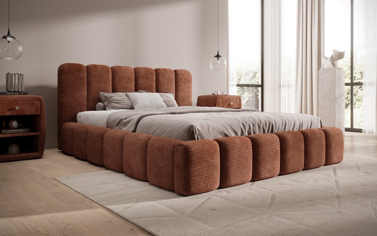 Designer Polsterbett Tevara in Cord mit Stauraum