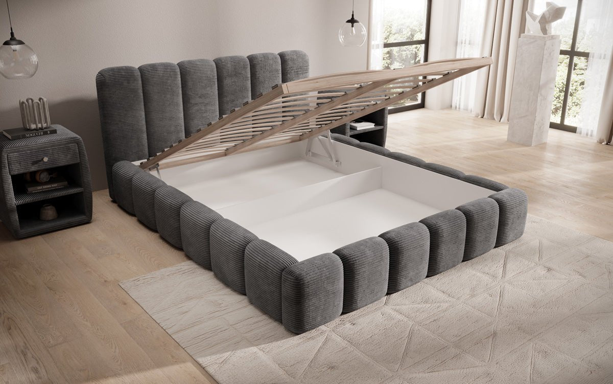 Designer Polsterbett Tevara in Cord mit Stauraum