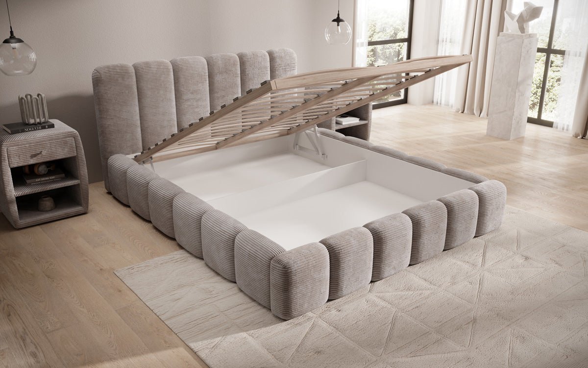 Designer Polsterbett Tevara in Cord mit Stauraum