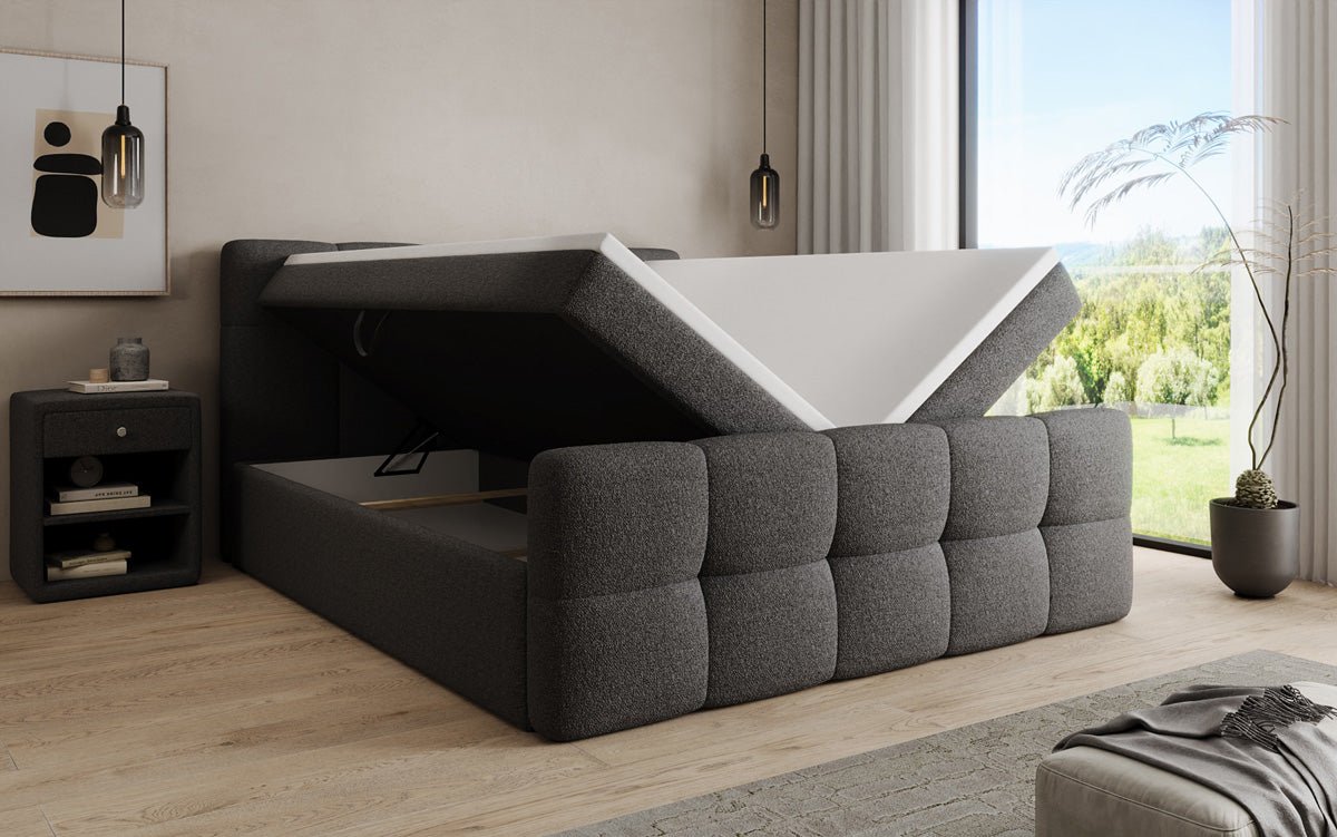 Boxspringbett Cozy in Teddy Bouclé mit Stauraum