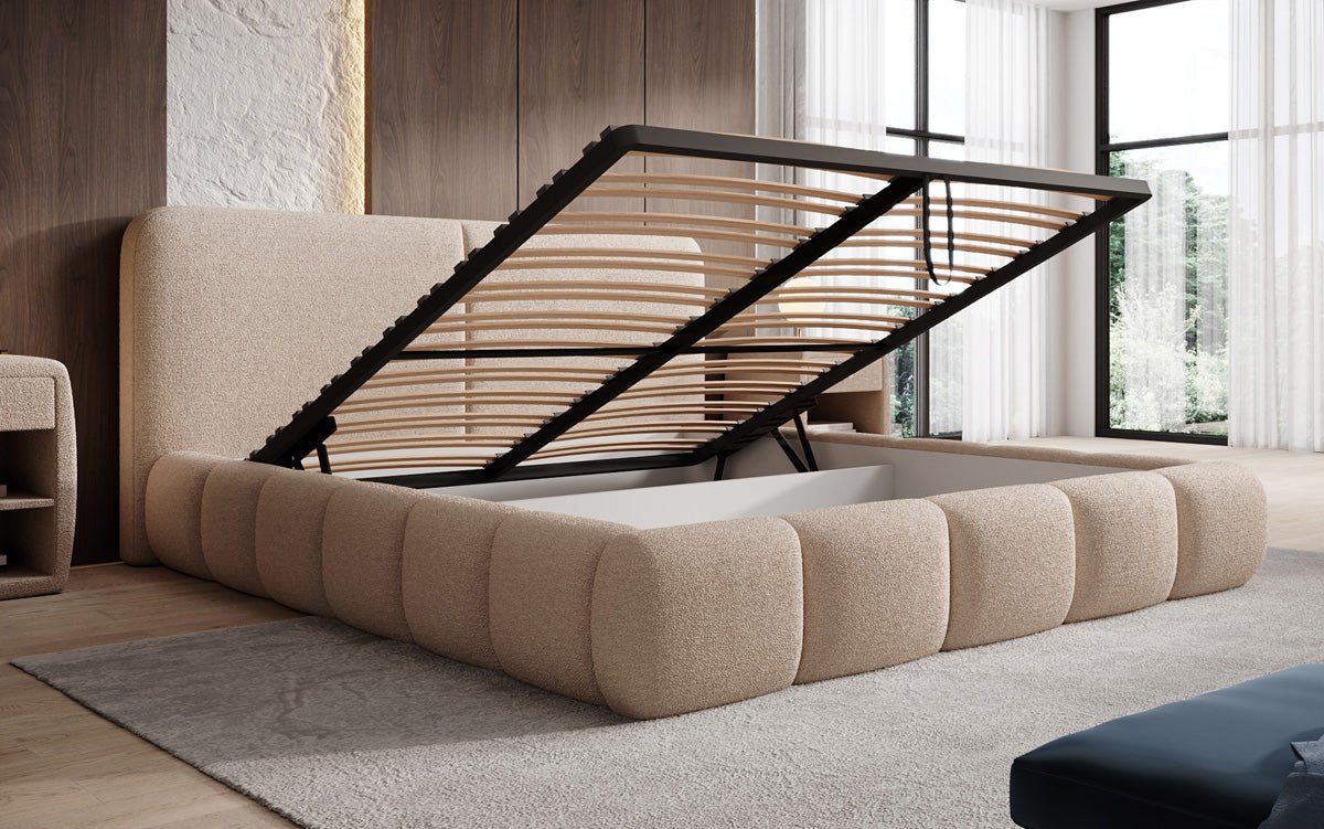 Designer Polsterbett Lolita in Bouclé mit Stauraum