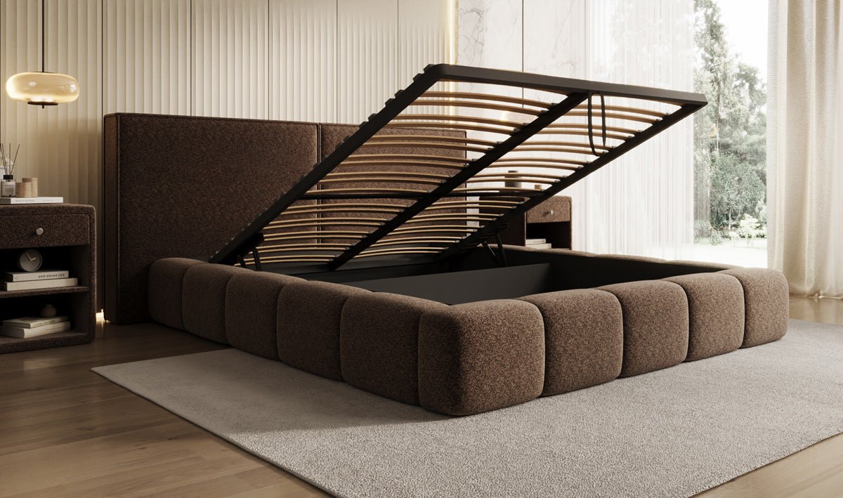 Designer Polsterbett Elise in Strukturstoff mit Stauraum