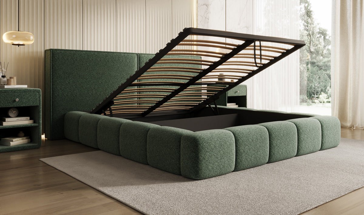 Designer Polsterbett Elise in Strukturstoff mit Stauraum