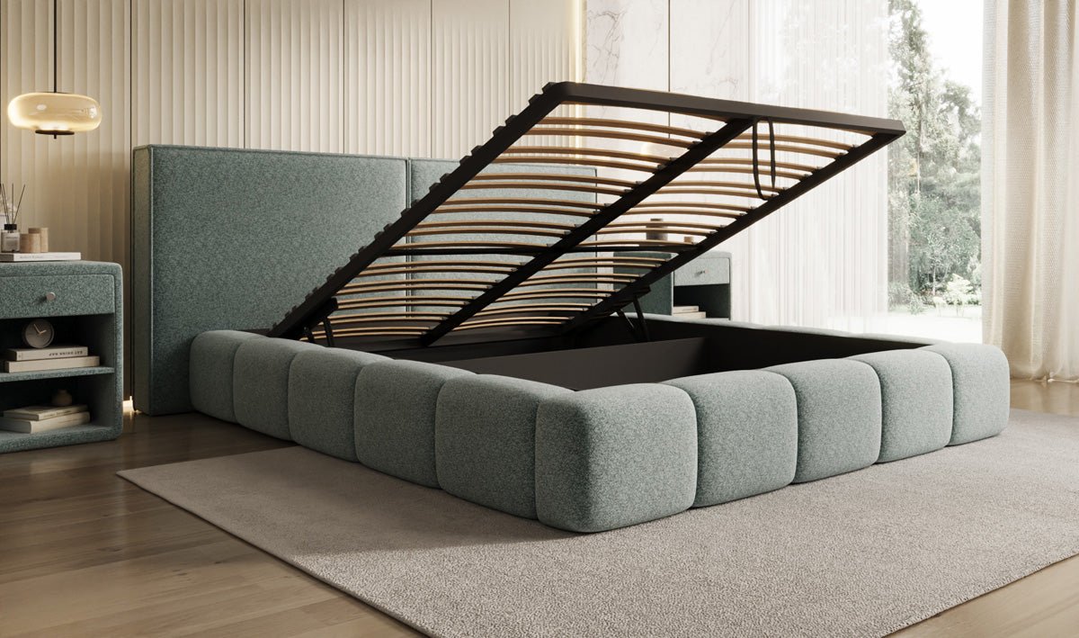 Designer Polsterbett Elise in Strukturstoff mit Stauraum
