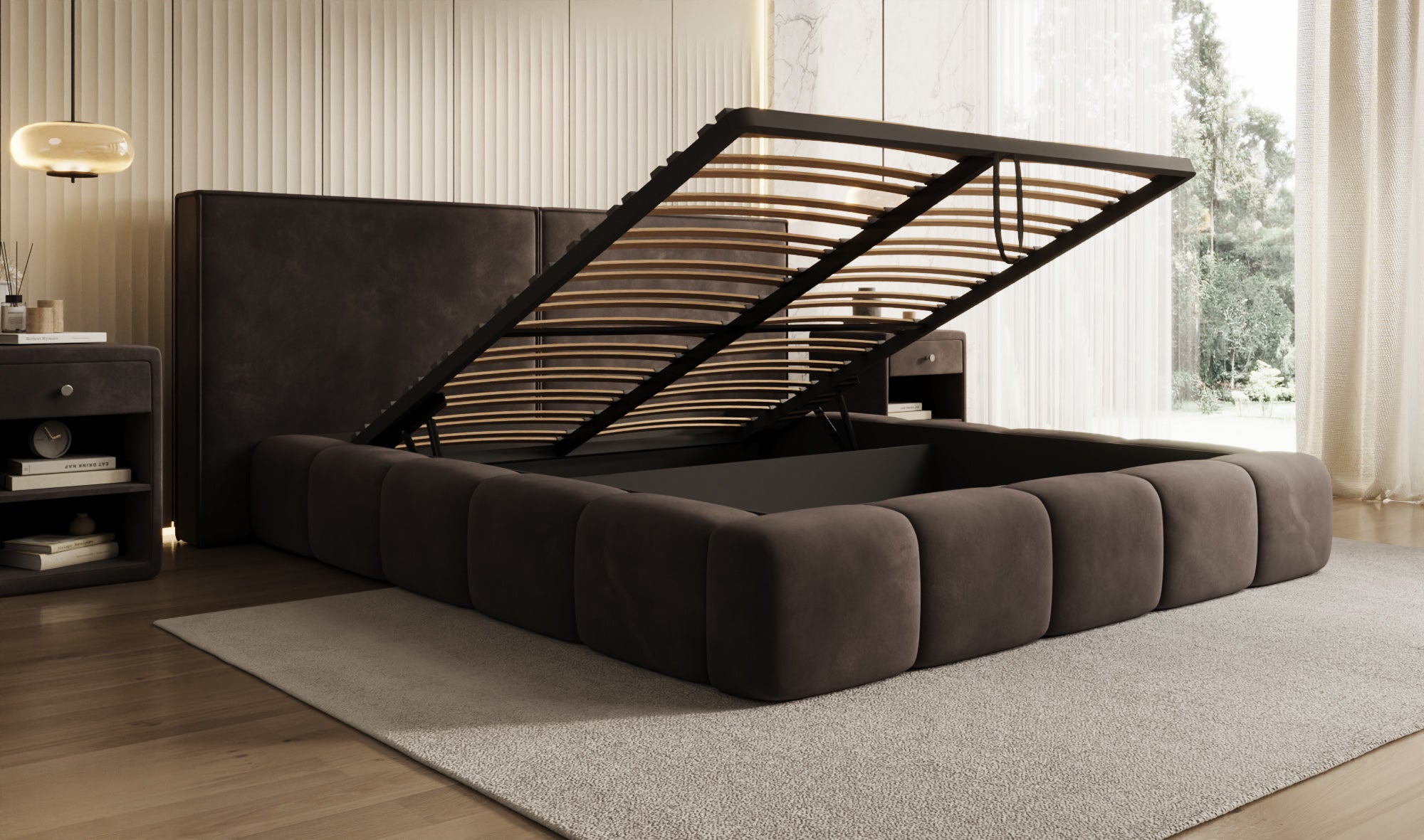 Designer Polsterbett Elise in Samt mit Stauraum