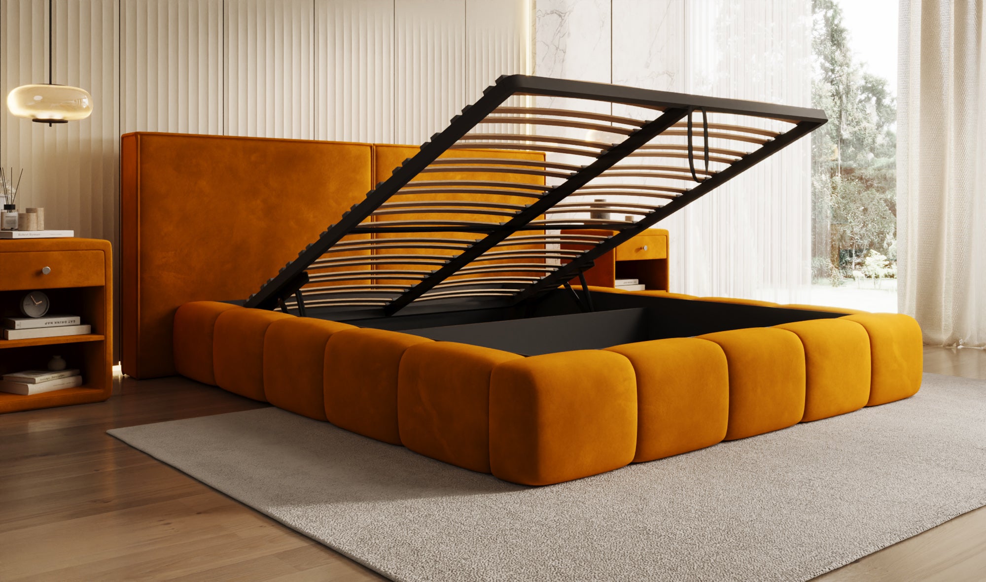 Designer Polsterbett Elise in Samt mit Stauraum
