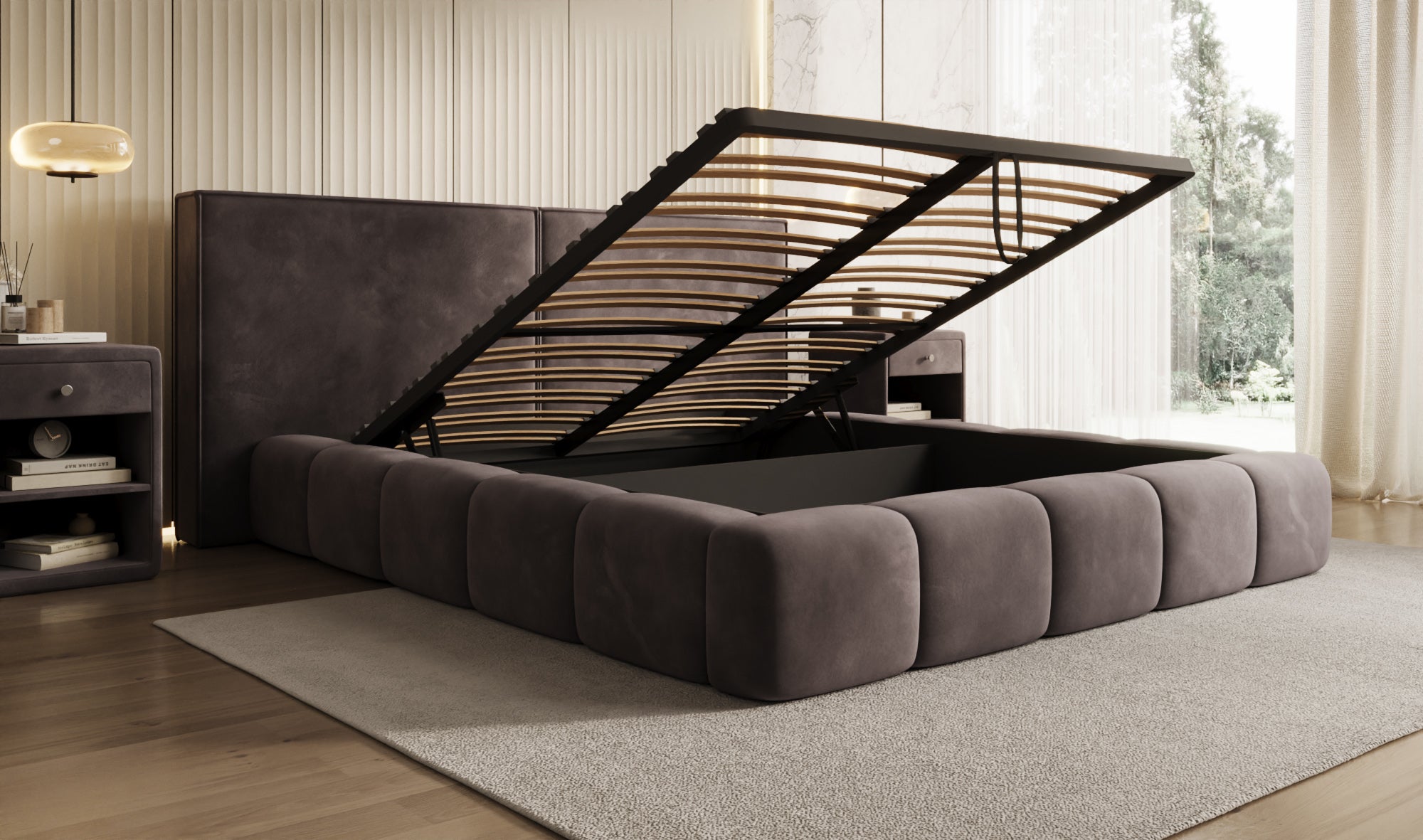 Designer Polsterbett Elise in Samt mit Stauraum