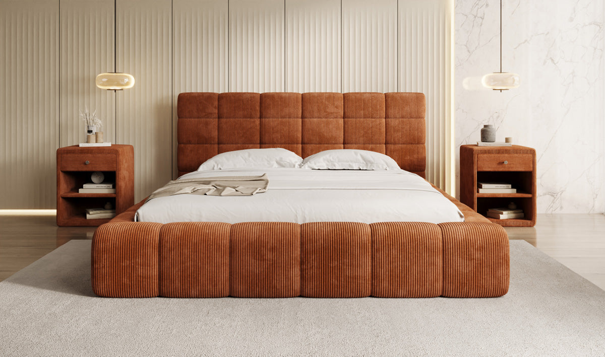 Designer Polsterbett Marshmallow in Cord mit Stauraum