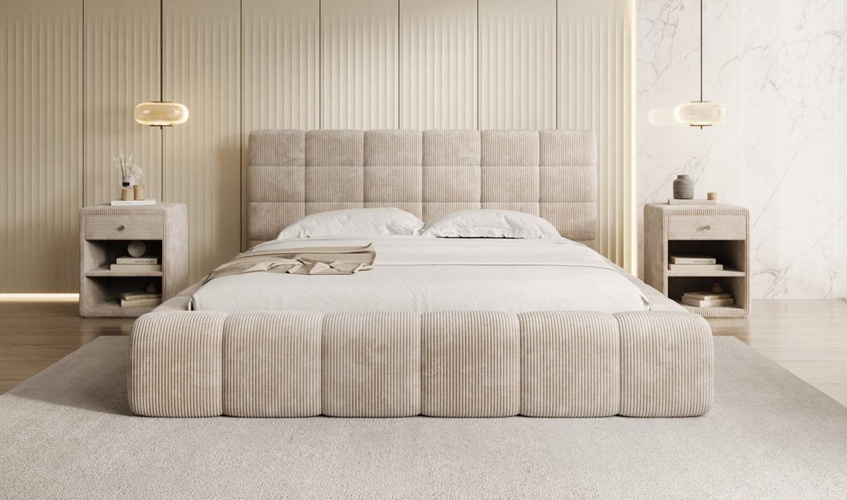 Designer Polsterbett Marshmallow in Cord mit Stauraum