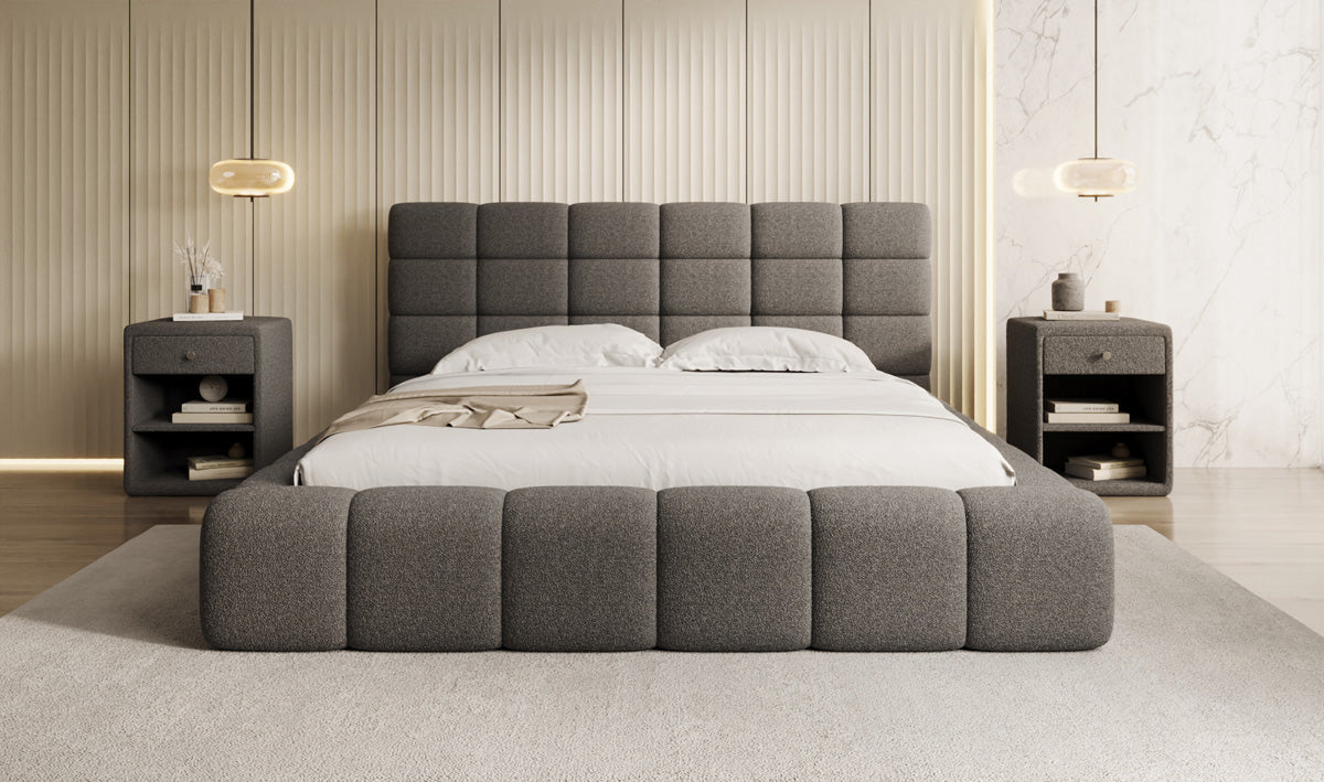 Designer Polsterbett Marshmallow in Teddy Bouclé mit Stauraum