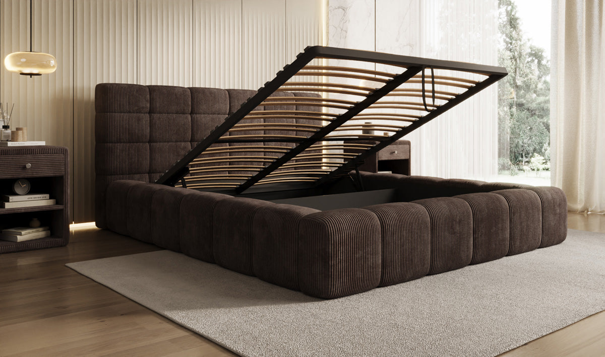 Designer Polsterbett Marshmallow in Cord mit Stauraum