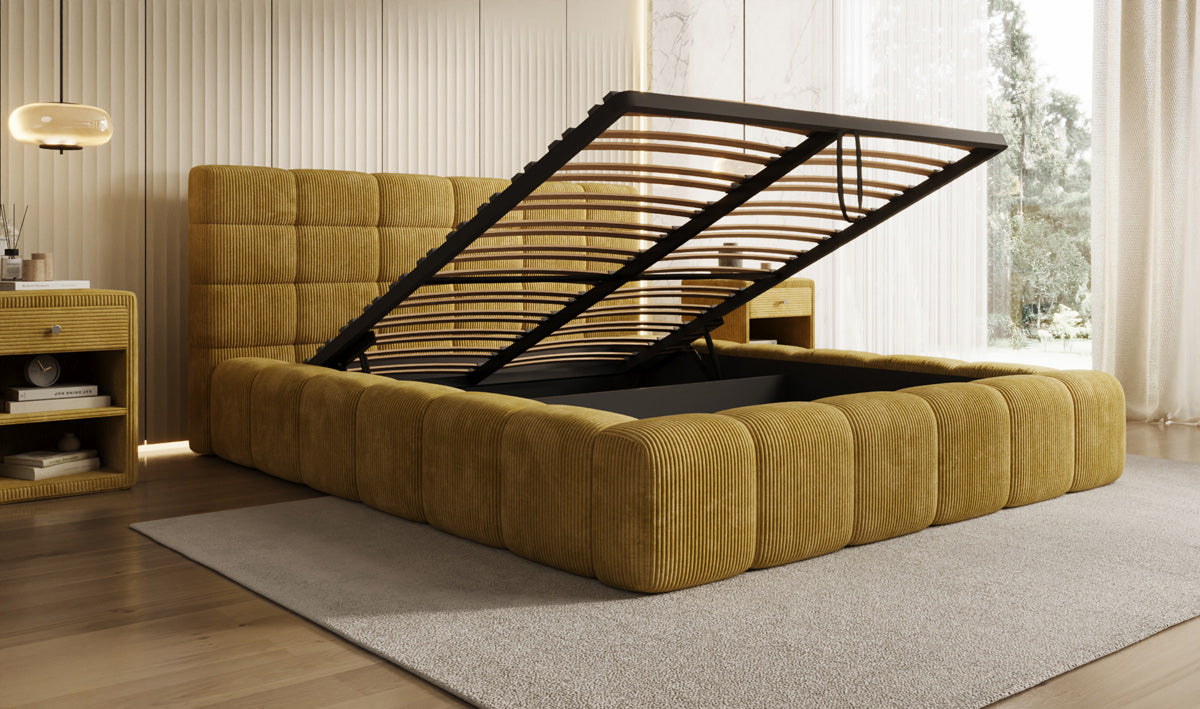 Designer Polsterbett Marshmallow in Cord mit Stauraum