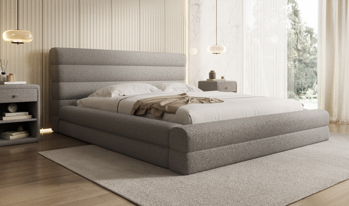 Designer Polsterbett Maren in Teddy Bouclé mit Stauraum