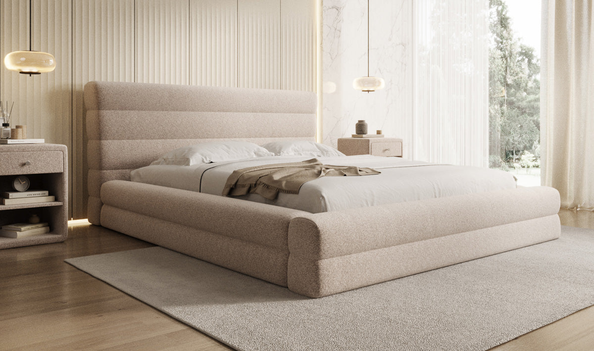Designer Polsterbett Maren in Strukturstoff mit Stauraum