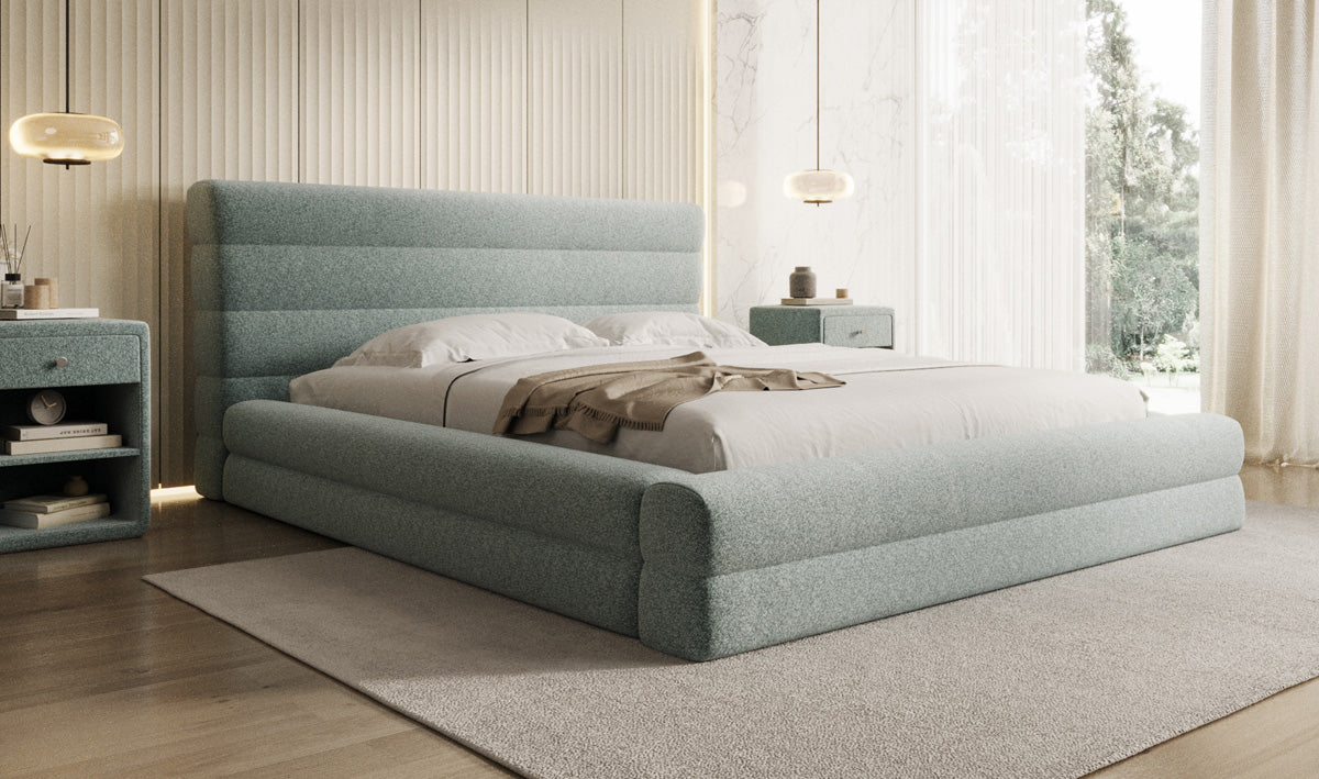 Designer Polsterbett Maren in Strukturstoff mit Stauraum