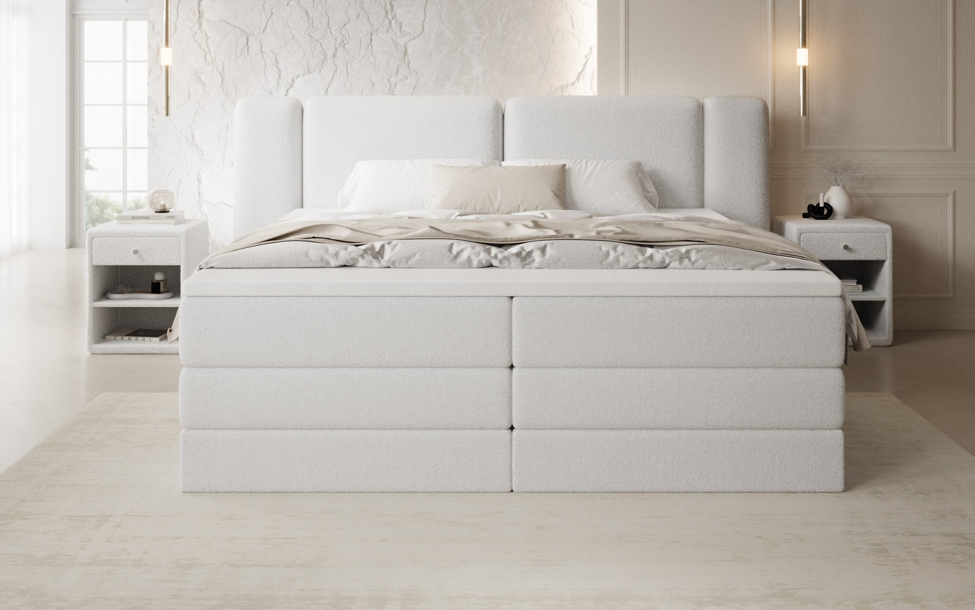 Boxspringbett Leni mit hochklappbarem Stauraum in Teddy Bouclé