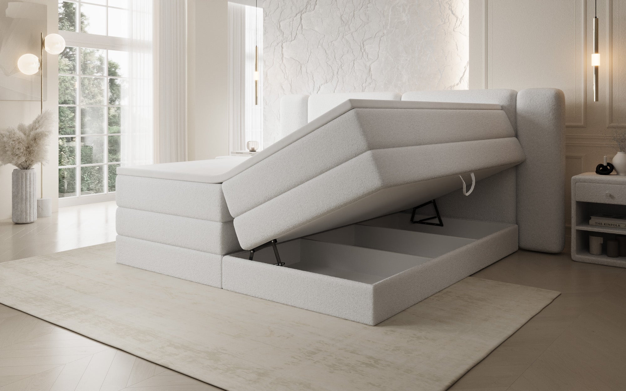Boxspringbett Leni mit hochklappbarem Stauraum in Teddy Bouclé