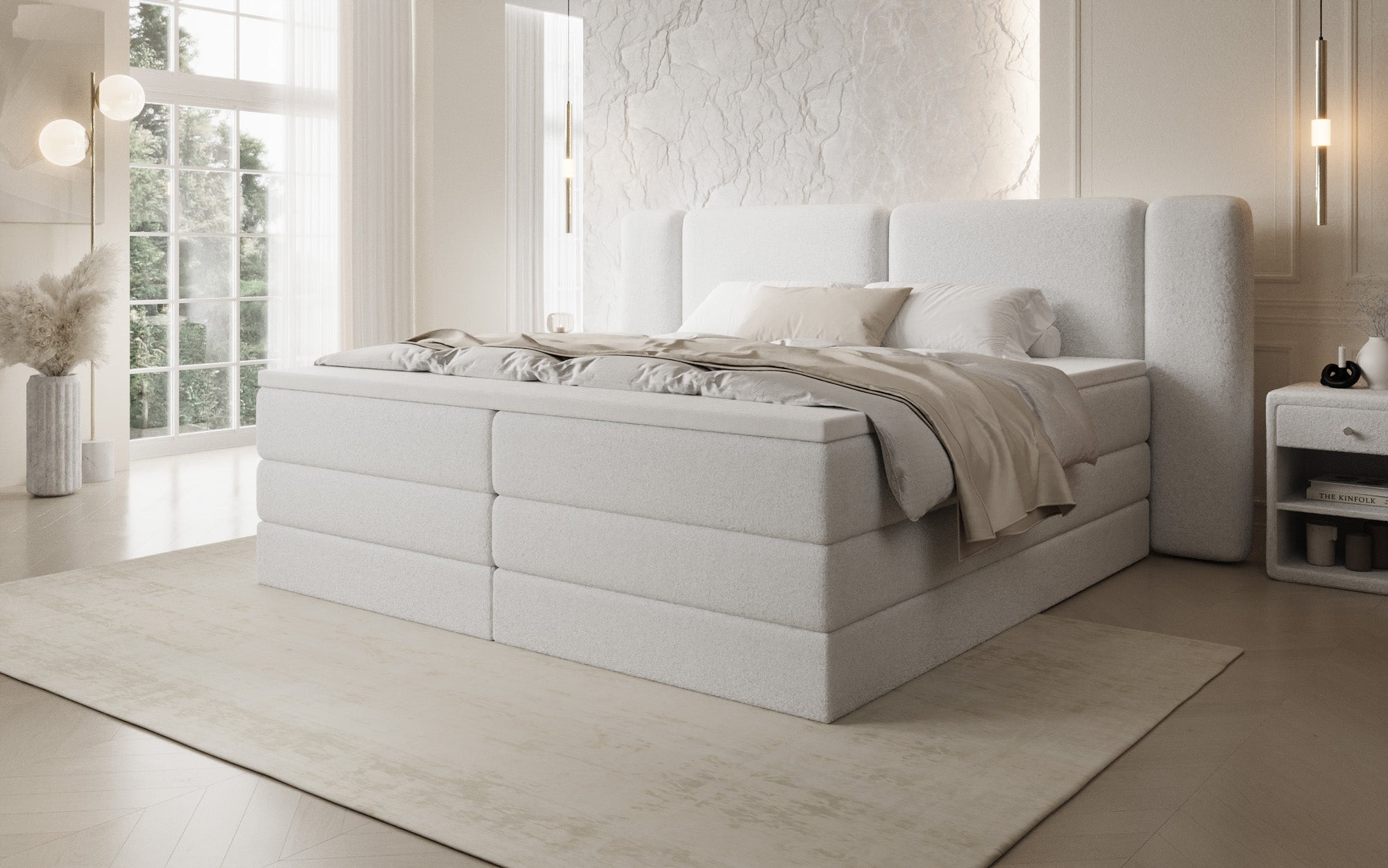 Boxspringbett Leni mit hochklappbarem Stauraum in Teddy Bouclé