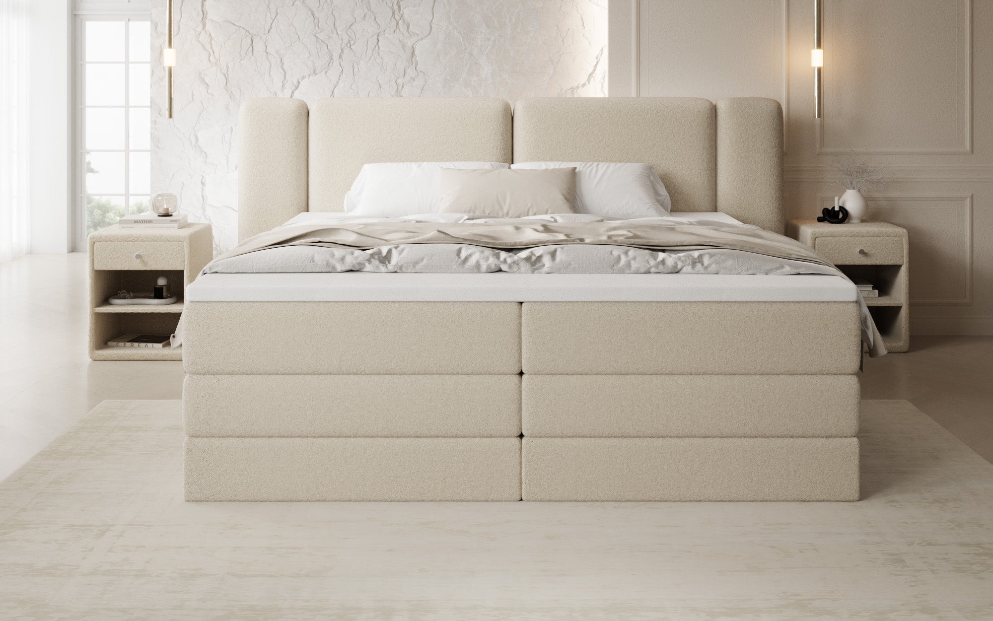 Boxspringbett Leni mit hochklappbarem Stauraum in Teddy Bouclé