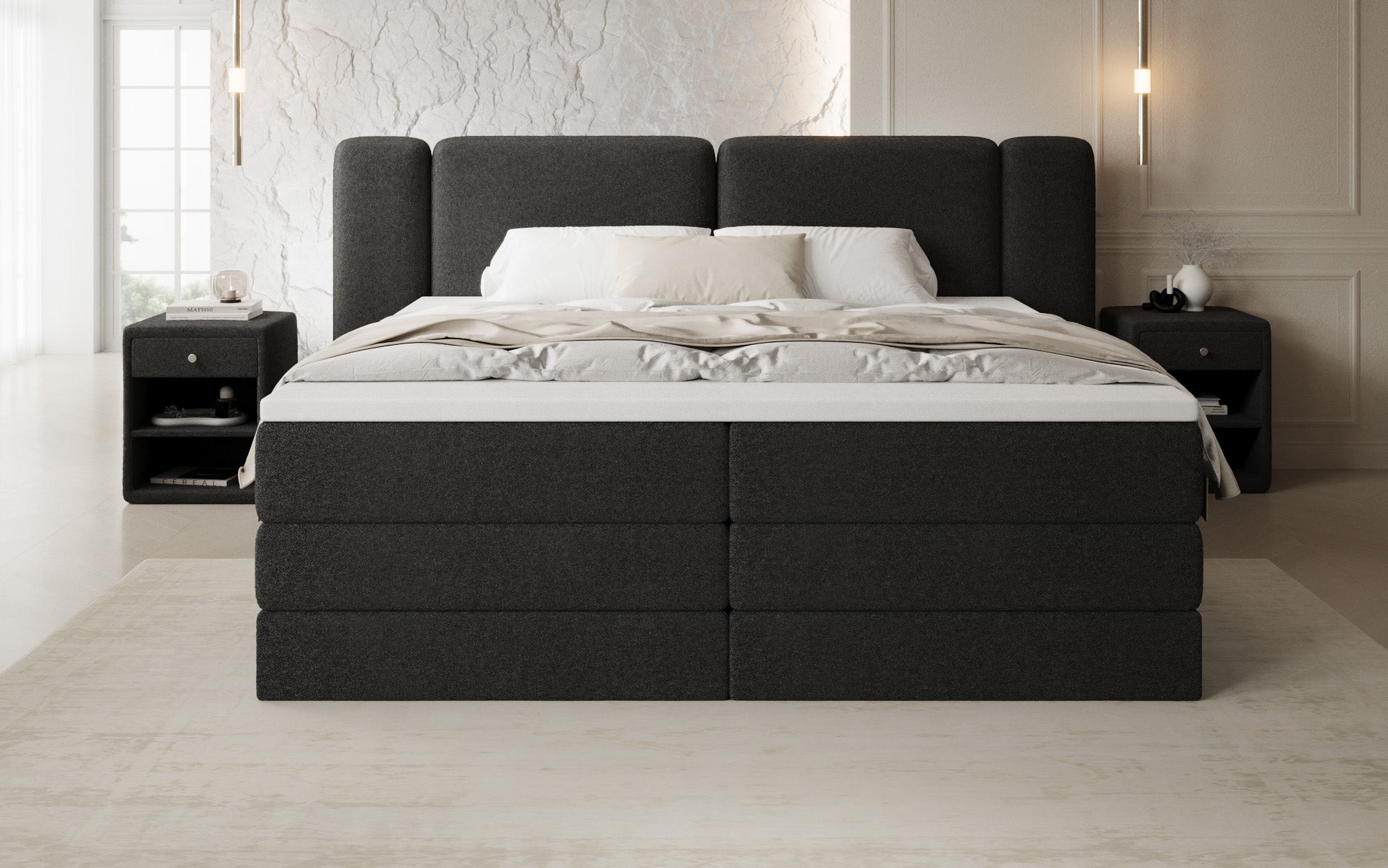 Boxspringbett Leni mit hochklappbarem Stauraum in Teddy Bouclé