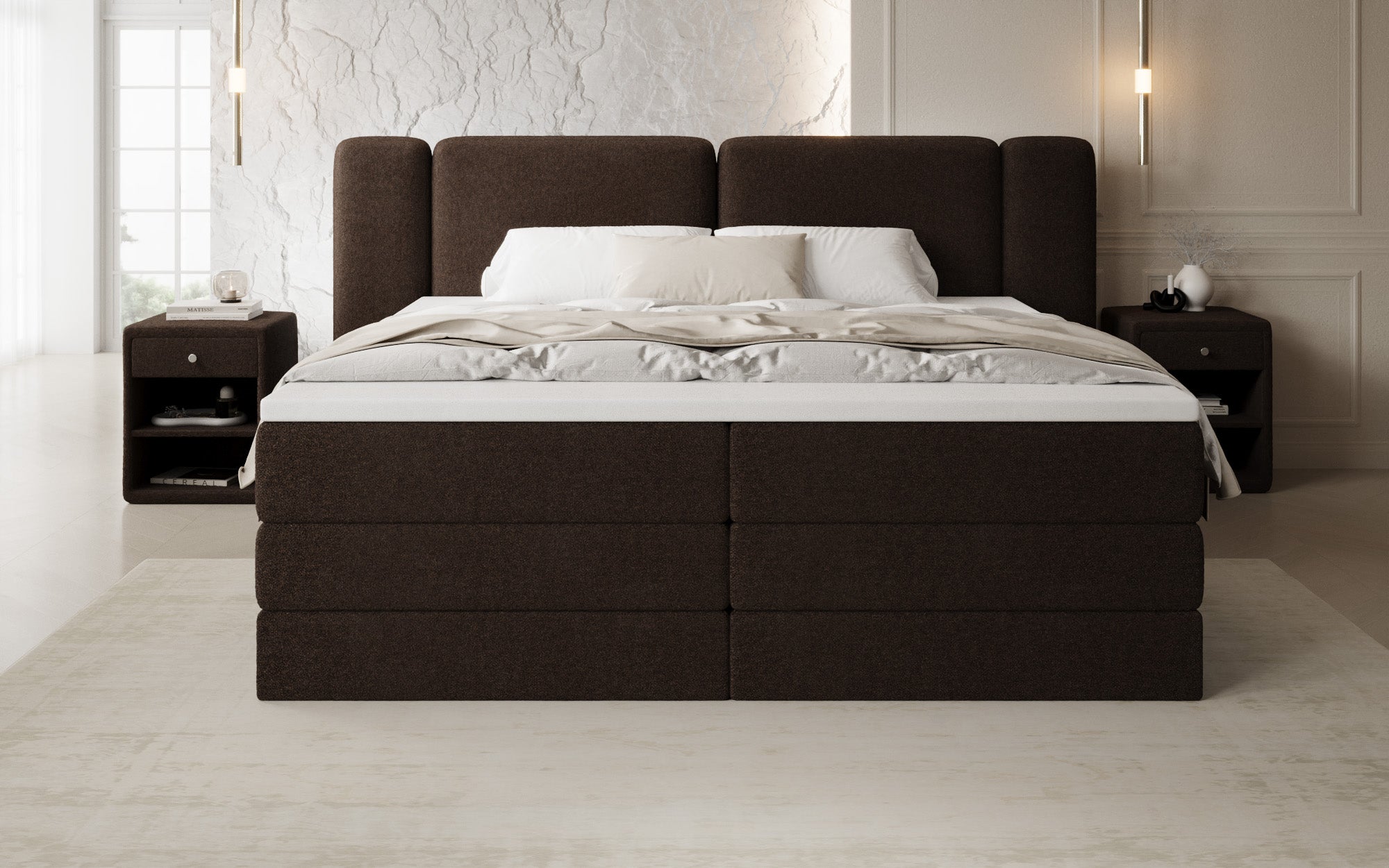 Boxspringbett Leni mit hochklappbarem Stauraum in Teddy Bouclé