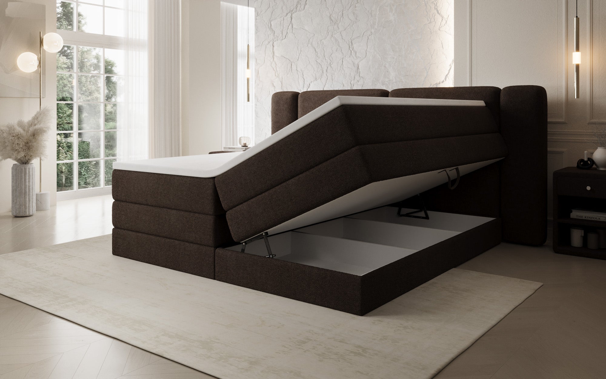 Boxspringbett Leni mit hochklappbarem Stauraum in Teddy Bouclé