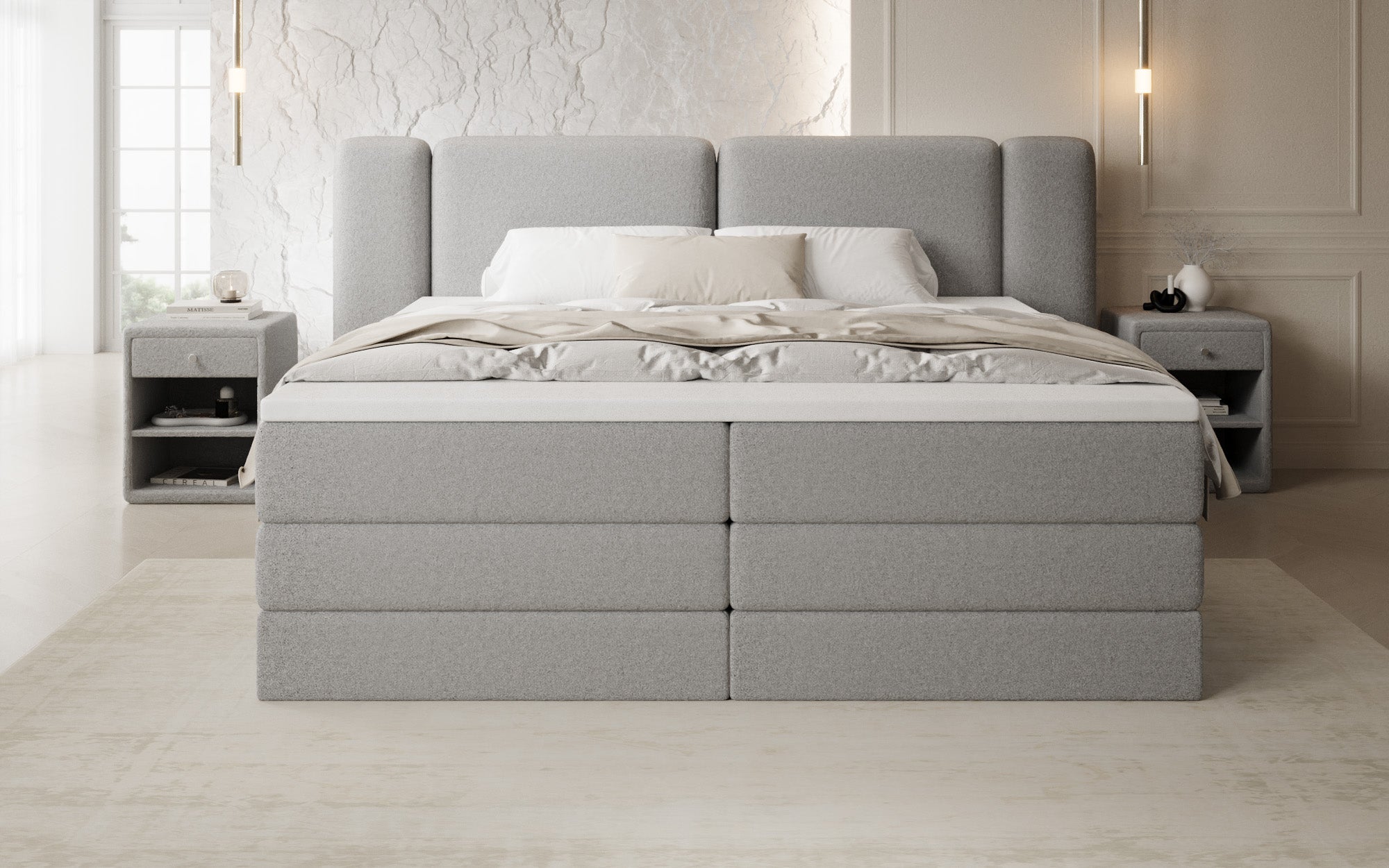 Boxspringbett Leni mit hochklappbarem Stauraum in Teddy Bouclé