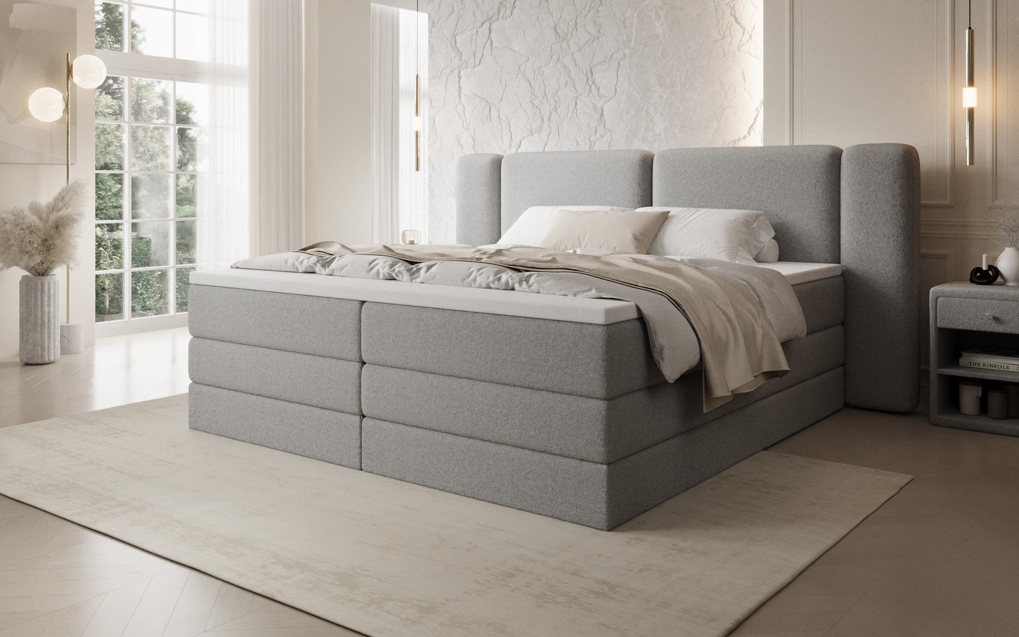 Boxspringbett Leni mit hochklappbarem Stauraum in Teddy Bouclé