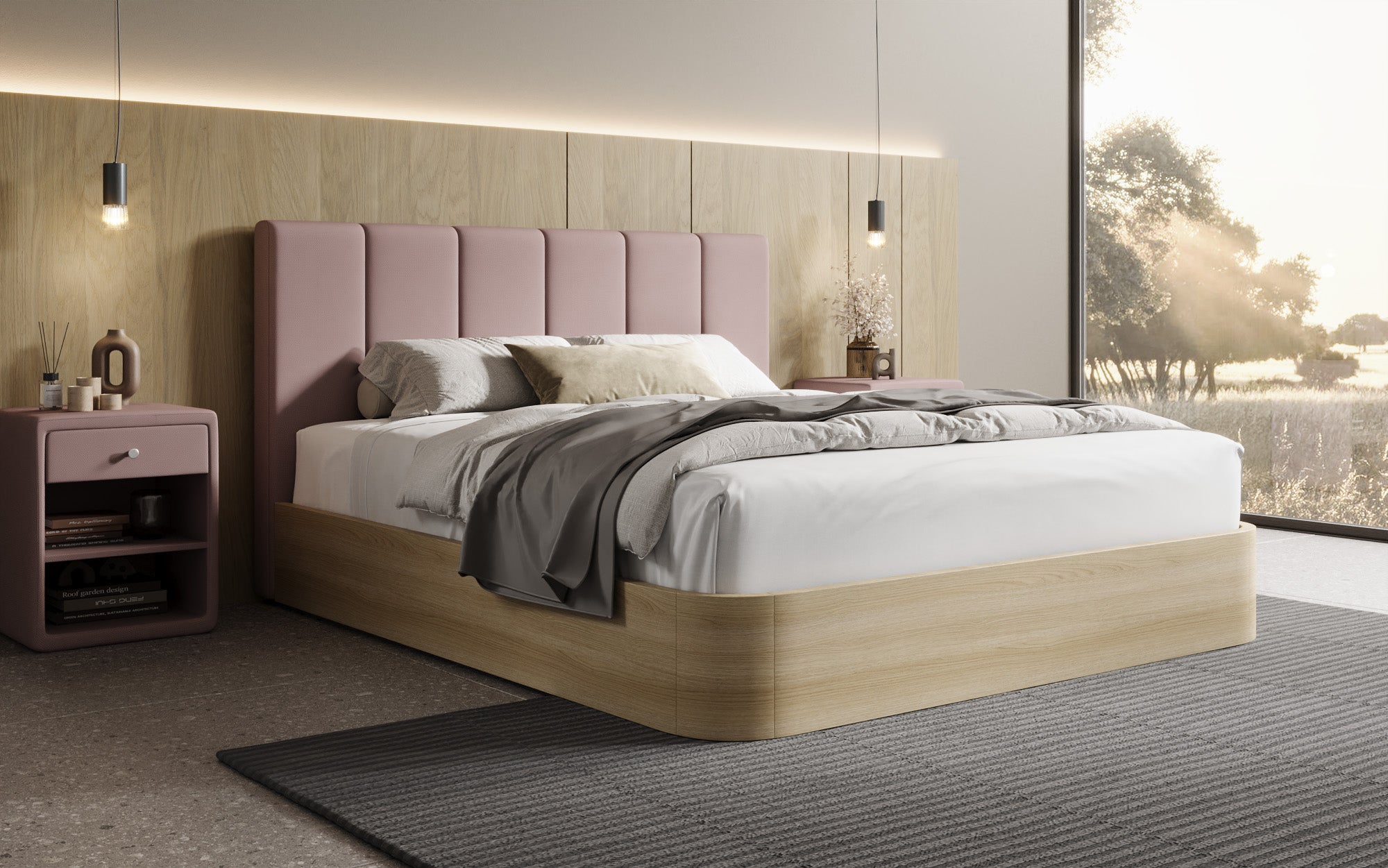 Designer Polsterbett Fiore Piano in Stoff mit Stauraum