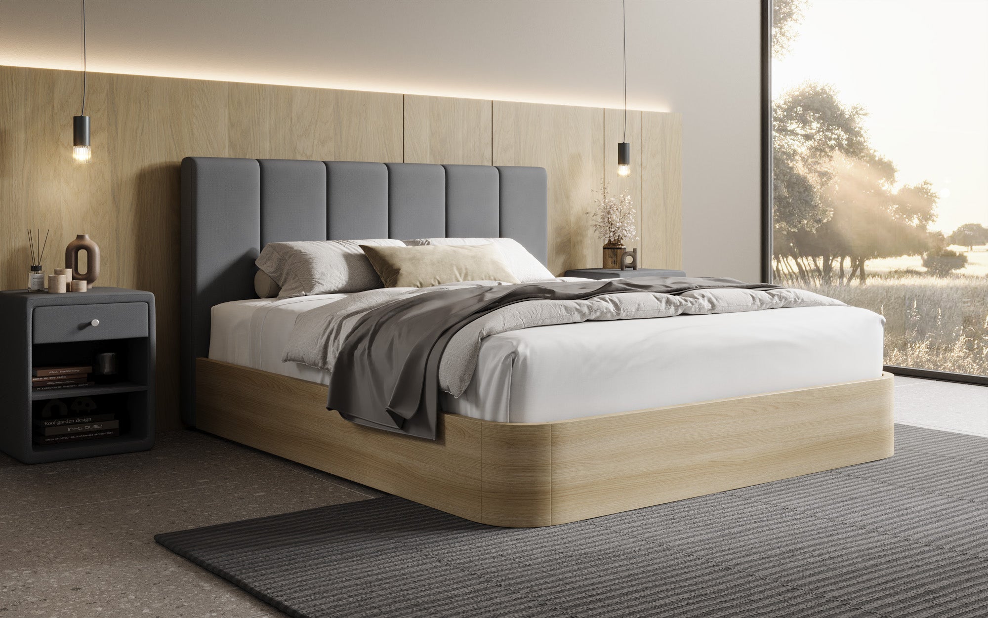 Designer Polsterbett Fiore Piano in Stoff mit Stauraum
