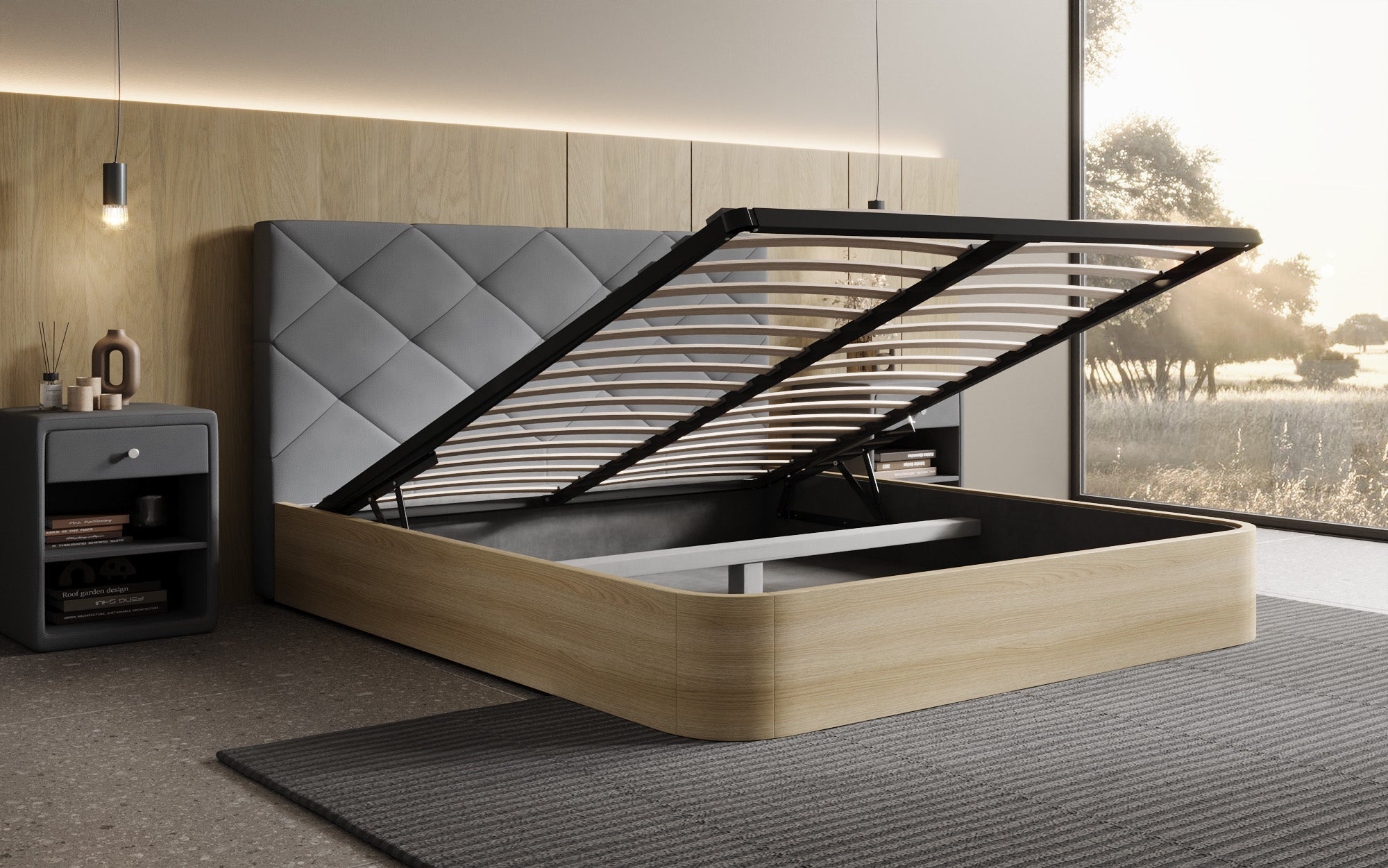 Designer Polsterbett Fiore Caro in Stoff mit Stauraum