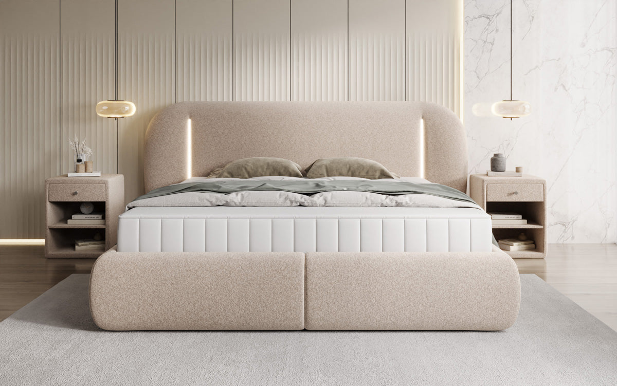Designer Polsterbett Momo in Strukturstoff mit Stauraum und LED