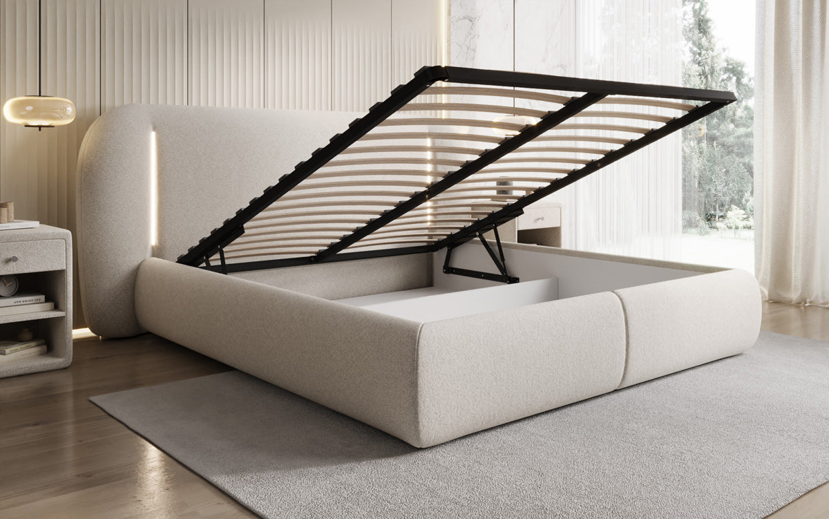 Designer Polsterbett Momo in Strukturstoff mit Stauraum und LED