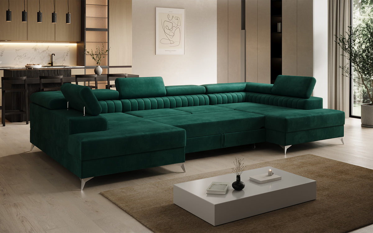 Designer Sofa Aurea U mit Schlaf- und Klappfunktion in Samt