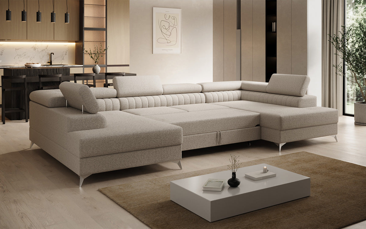 Designer Sofa Aurea U mit Schlaf- und Klappfunktion in Bouclé