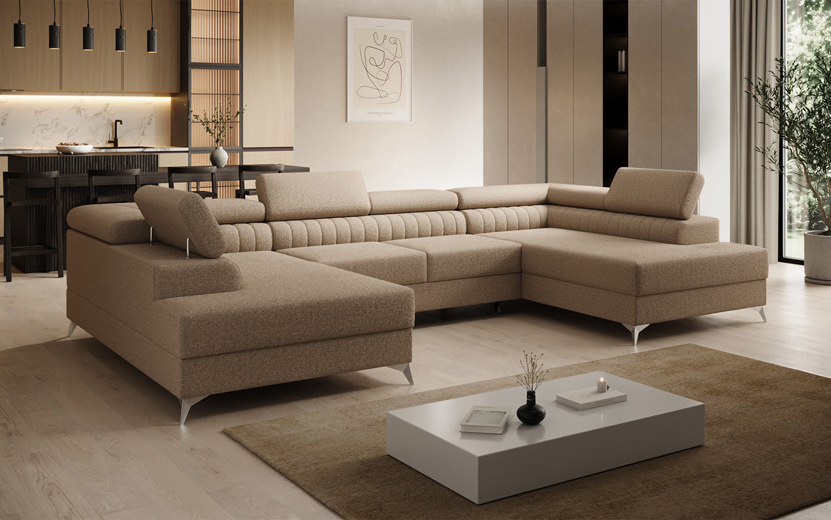 Designer Sofa Aurea U mit Schlaf- und Klappfunktion in Bouclé
