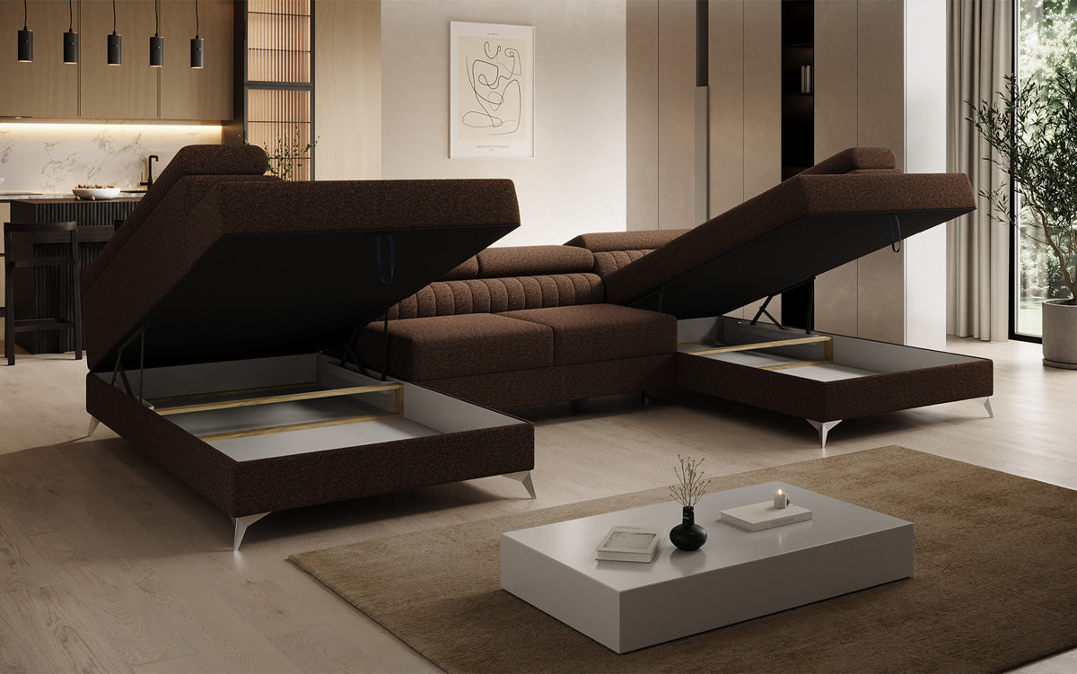 Designer Sofa Aurea U mit Schlaf- und Klappfunktion in Bouclé