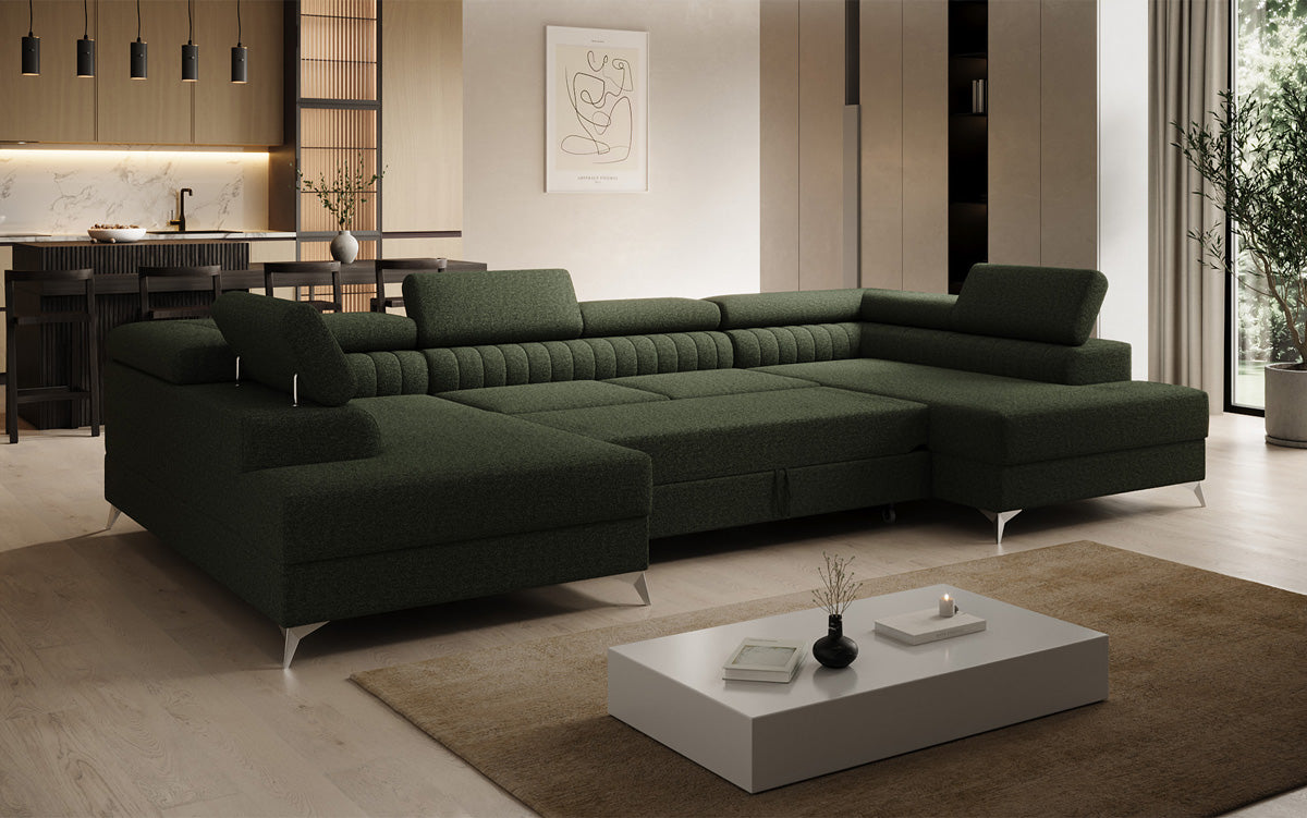 Designer Sofa Aurea U mit Schlaf- und Klappfunktion in Bouclé