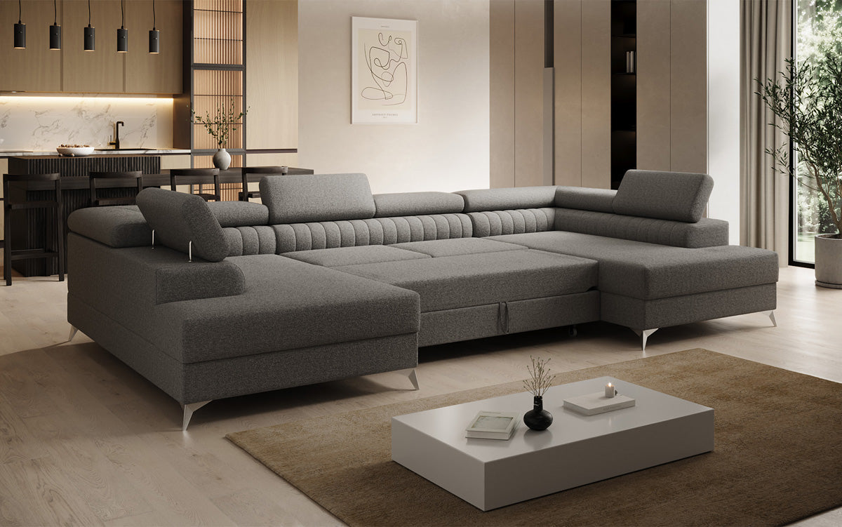 Designer Sofa Aurea U mit Schlaf- und Klappfunktion in Bouclé