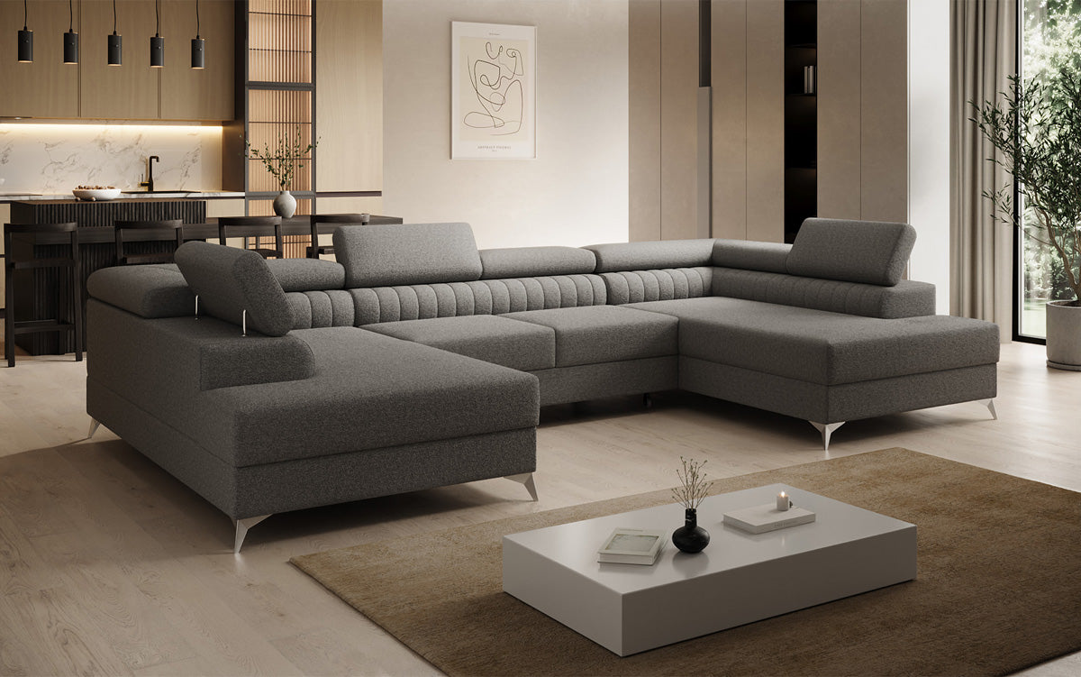 Designer Sofa Aurea U mit Schlaf- und Klappfunktion in Bouclé