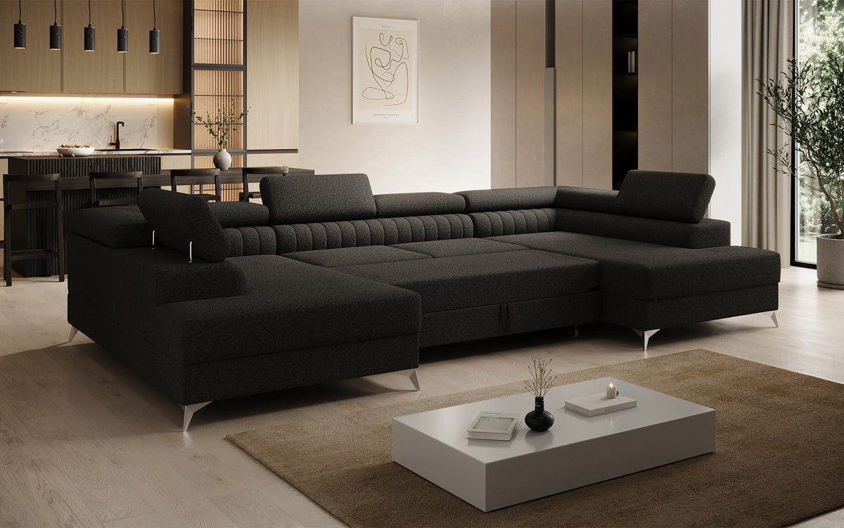 Designer Sofa Aurea U mit Schlaf- und Klappfunktion in Bouclé