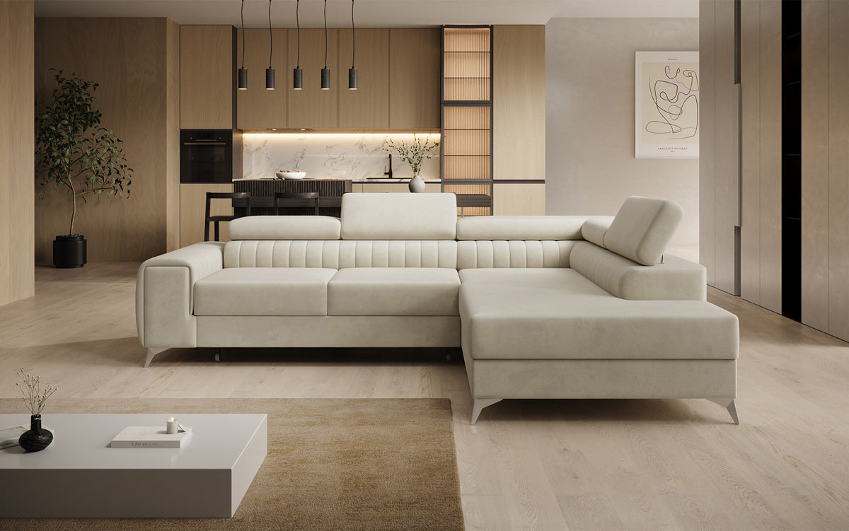 Designer Ecksofa Aurea mit Schlaf- und Klappfunktion in Samt
