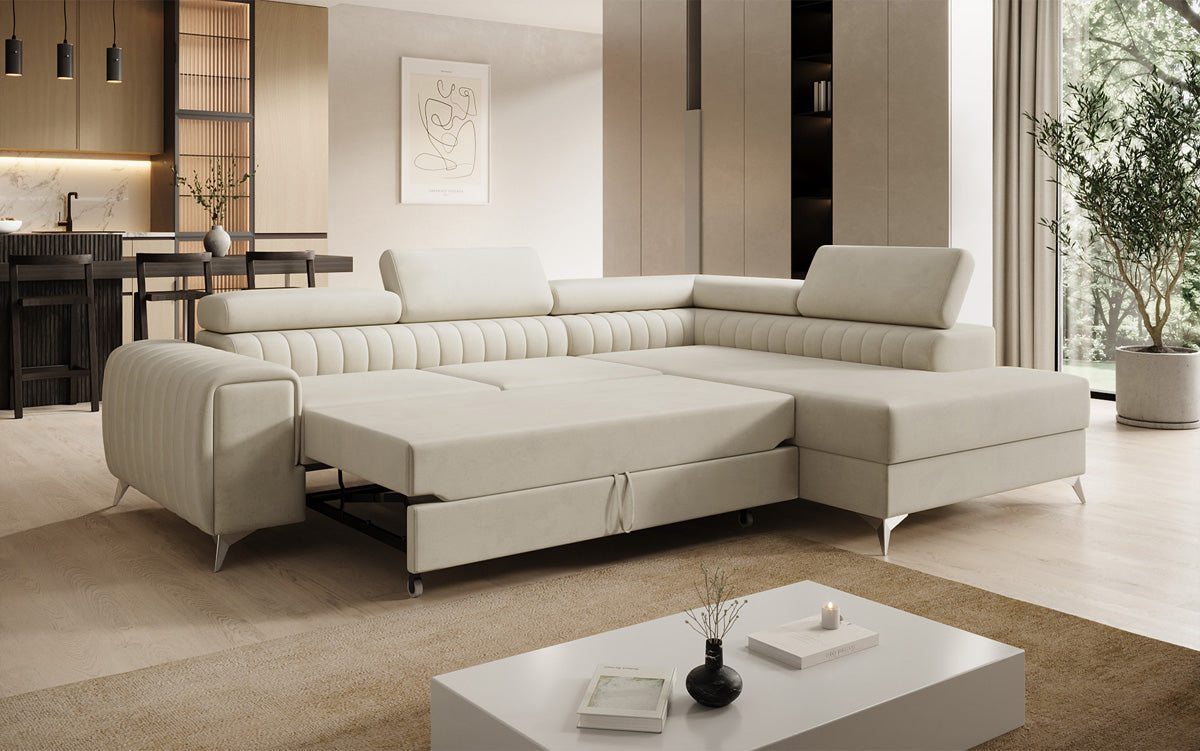 Designer Ecksofa Aurea mit Schlaf- und Klappfunktion in Samt