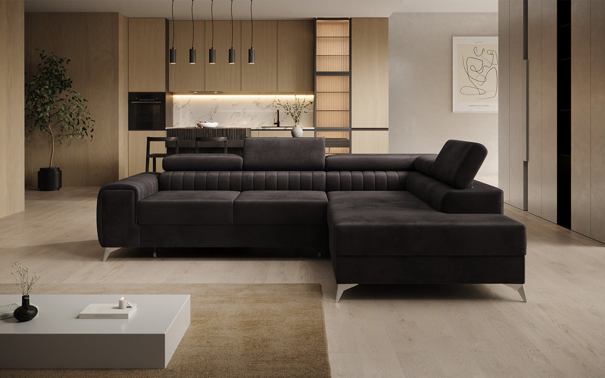 Designer Ecksofa Aurea mit Schlaf- und Klappfunktion in Samt