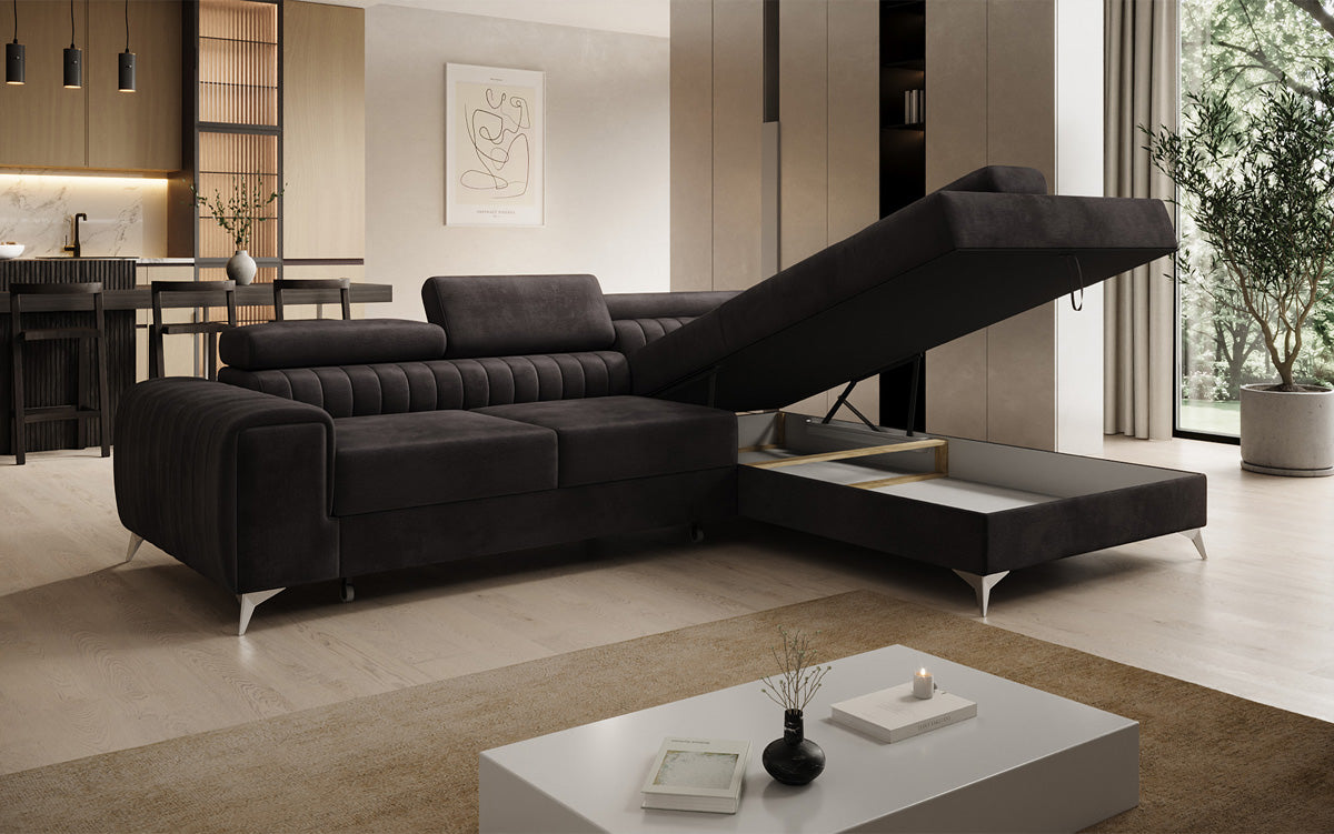 Designer Ecksofa Aurea mit Schlaf- und Klappfunktion in Samt
