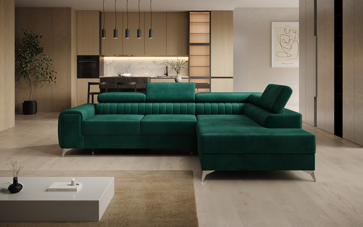 Designer Ecksofa Aurea mit Schlaf- und Klappfunktion in Samt