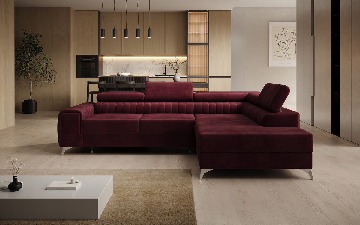 Designer Ecksofa Aurea mit Schlaf- und Klappfunktion in Samt