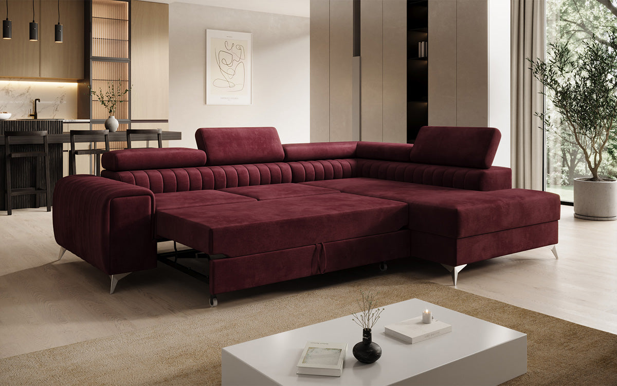 Designer Ecksofa Aurea mit Schlaf- und Klappfunktion in Samt