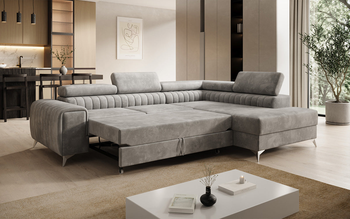 Designer Ecksofa Aurea mit Schlaf- und Klappfunktion in Samt